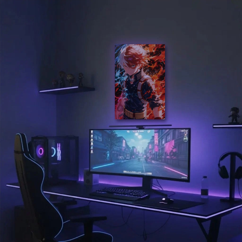 Anime Art acrylic wall art in a purple gaming setup