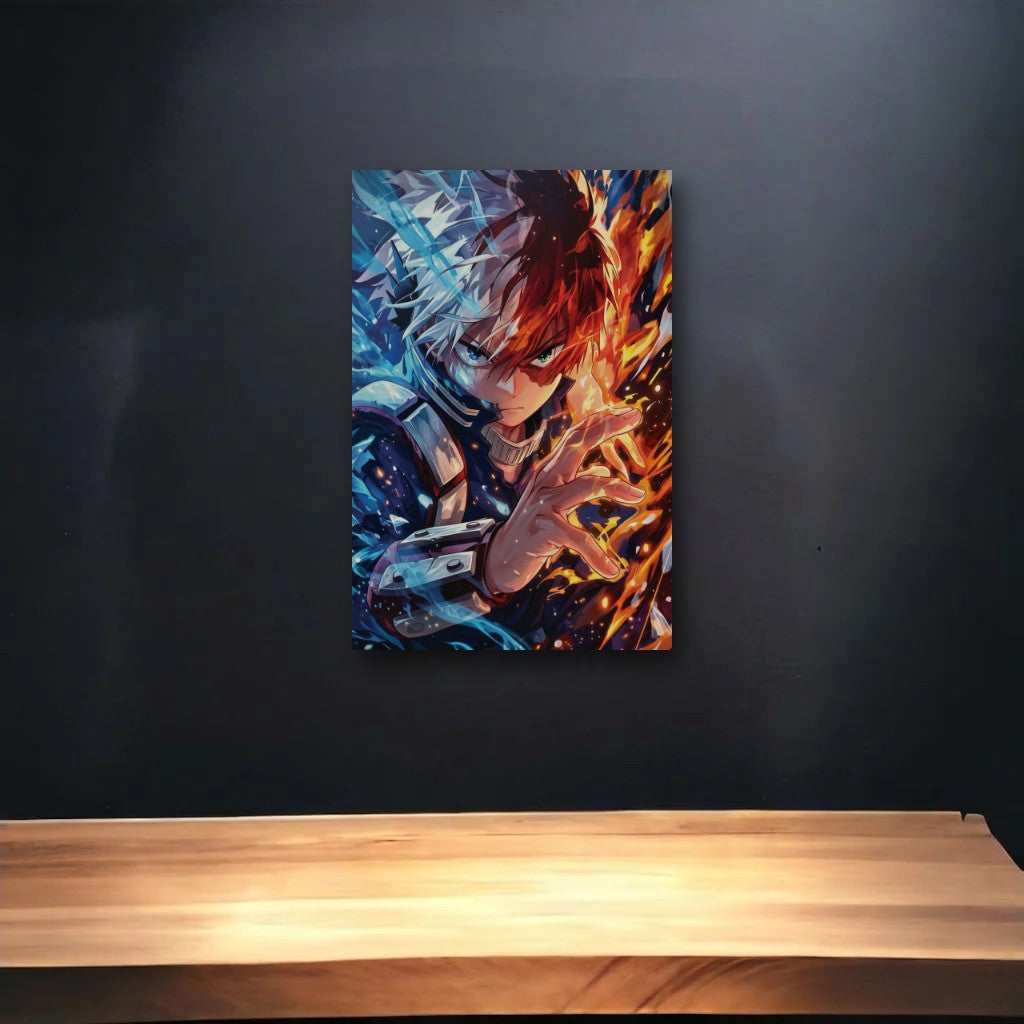 Anime Art glossy acrylic art above a wooden shelf