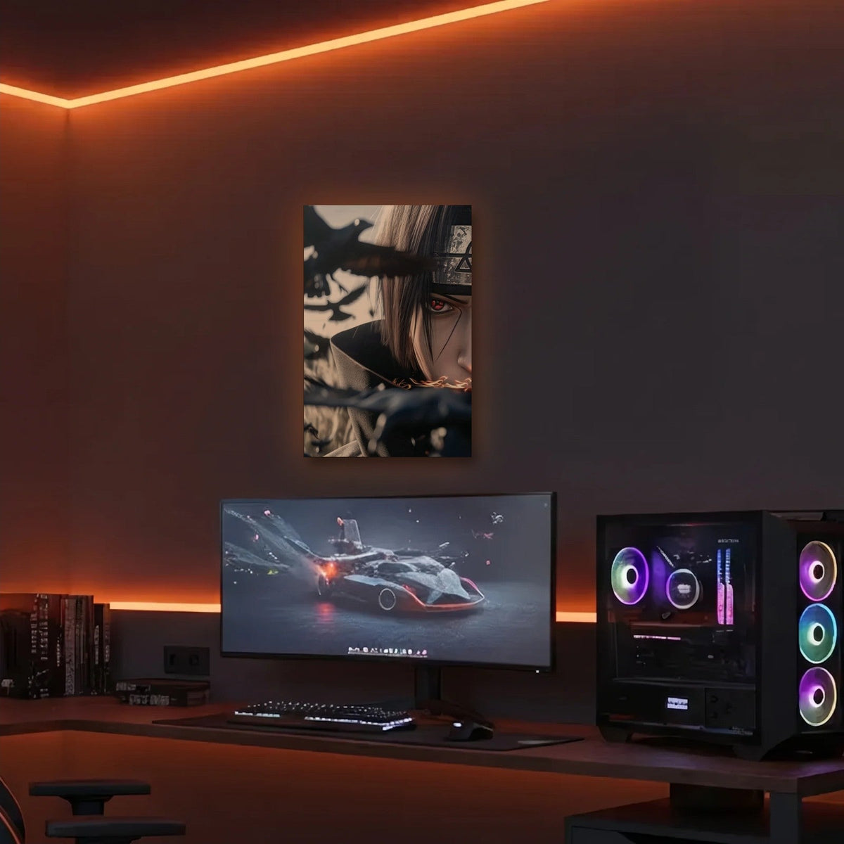 Anime Art acrylic wall art in an orange LED gaming room