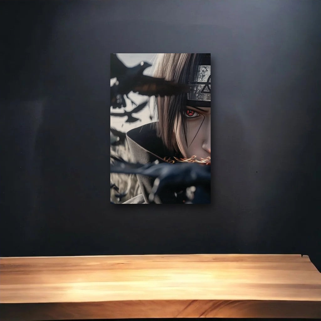 Anime Art glossy acrylic art above a wooden shelf