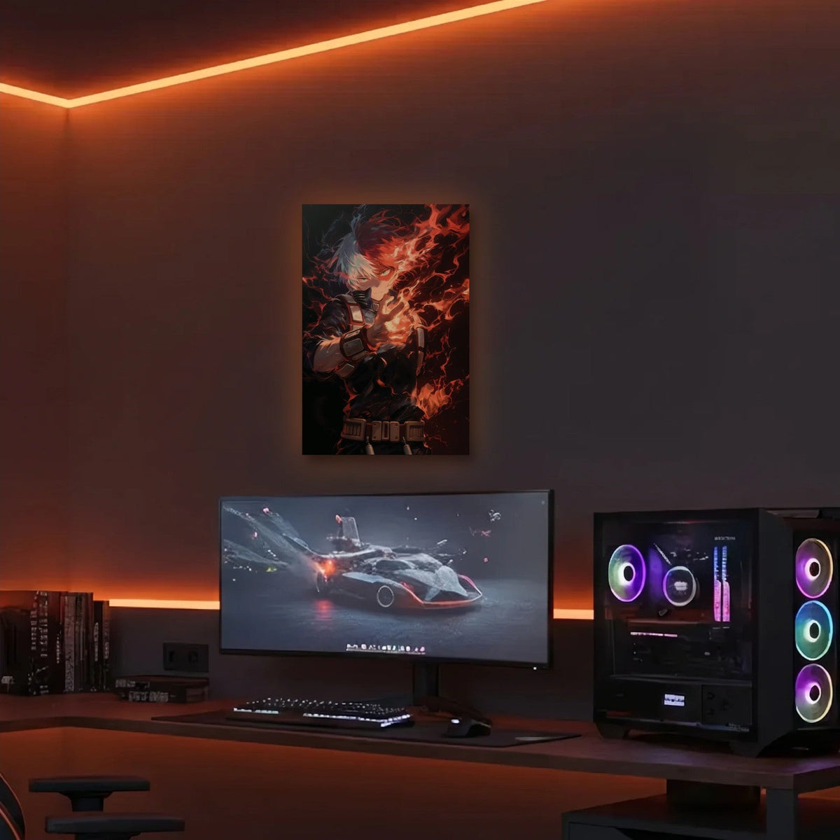 Anime Art acrylic wall art in an orange LED gaming room