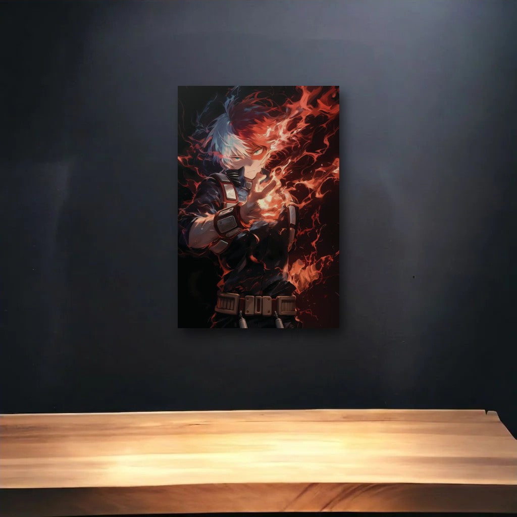 Anime Art glossy acrylic art above a wooden shelf