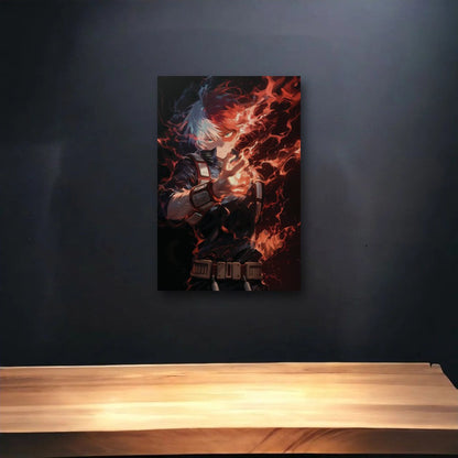 Anime Art glossy acrylic art above a wooden shelf