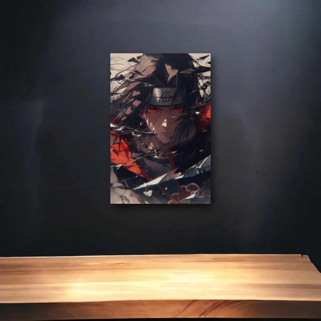 Anime Art glossy acrylic art above a wooden shelf