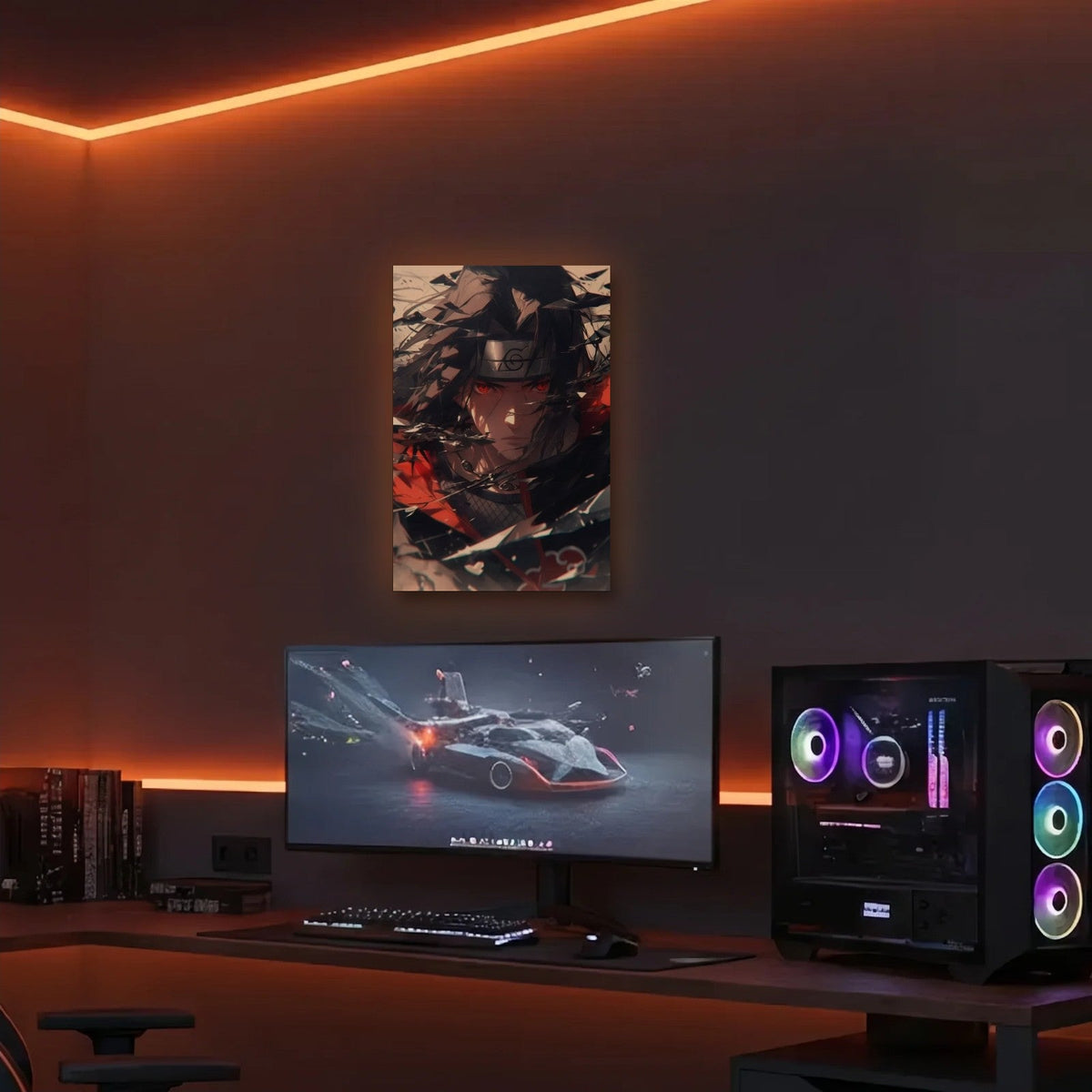 Anime Art acrylic wall art in an orange LED gaming room
