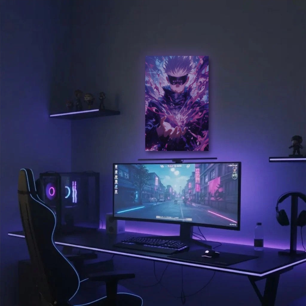 Anime Art acrylic wall art in a purple gaming setup