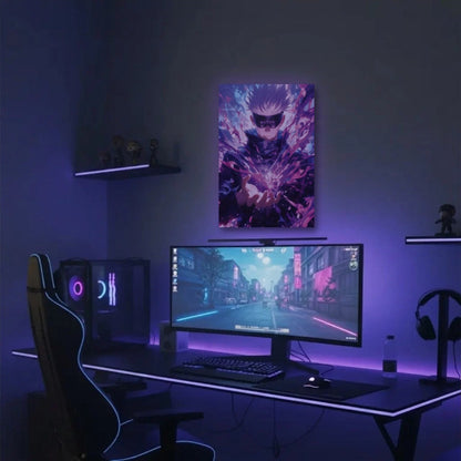 Anime Art acrylic wall art in a purple gaming setup