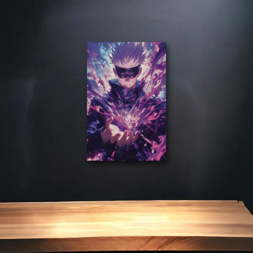 Anime Art glossy acrylic art above a wooden shelf