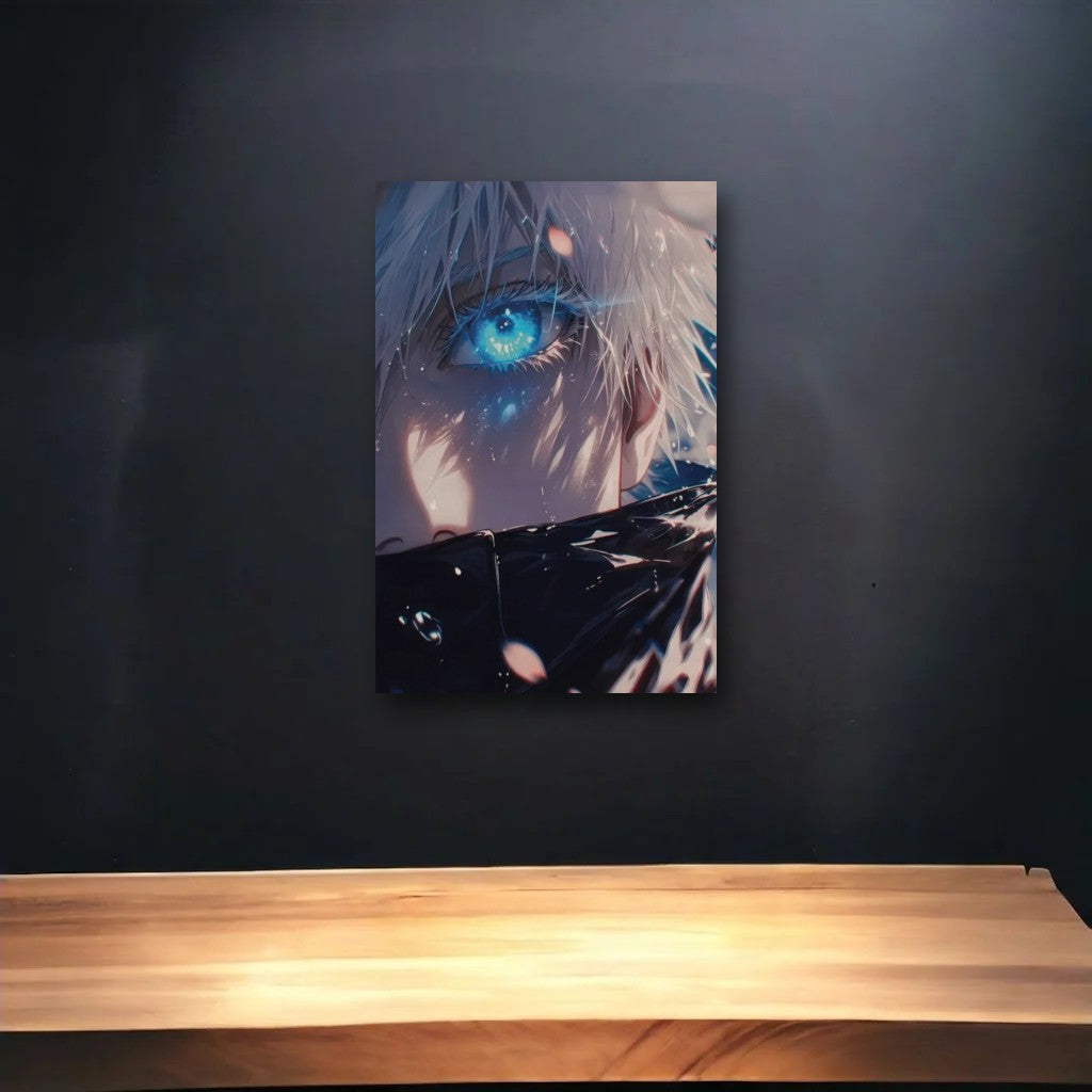 Anime Art glossy acrylic art above a wooden shelf