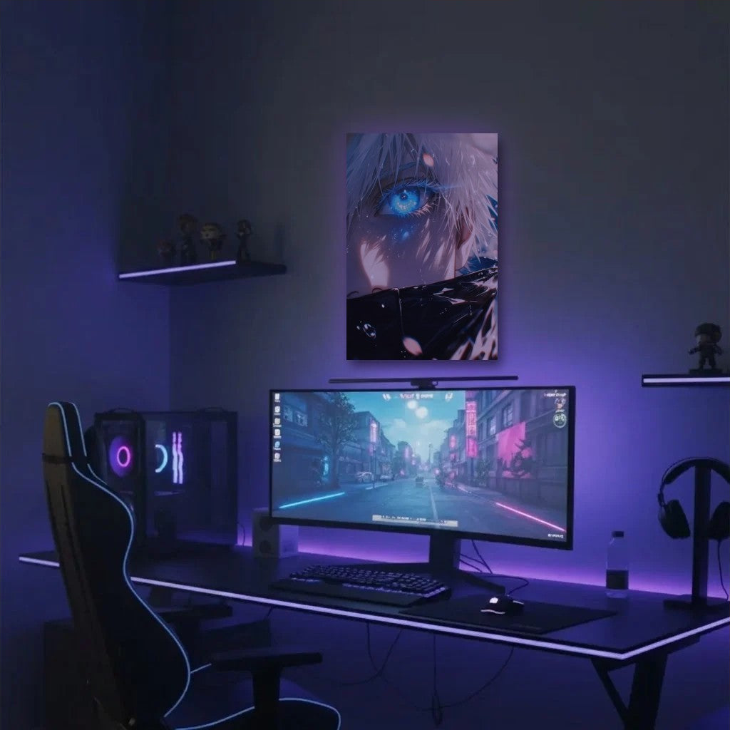 Anime Art acrylic wall art in a purple gaming setup