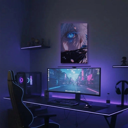 Anime Art acrylic wall art in a purple gaming setup