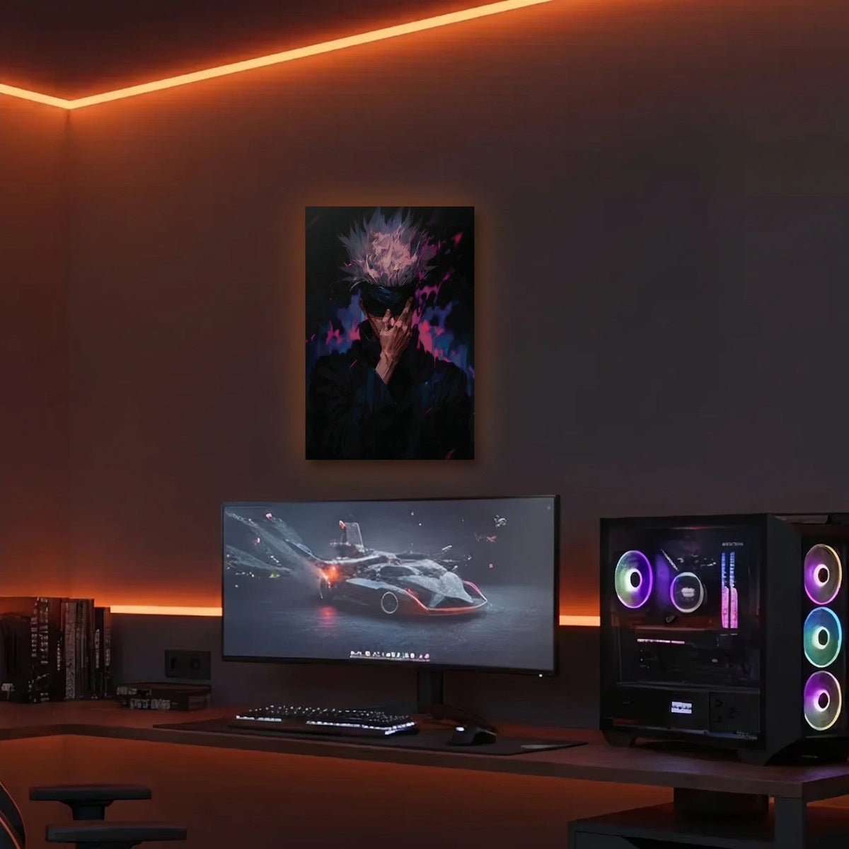 Anime Art acrylic wall art in an orange LED gaming room
