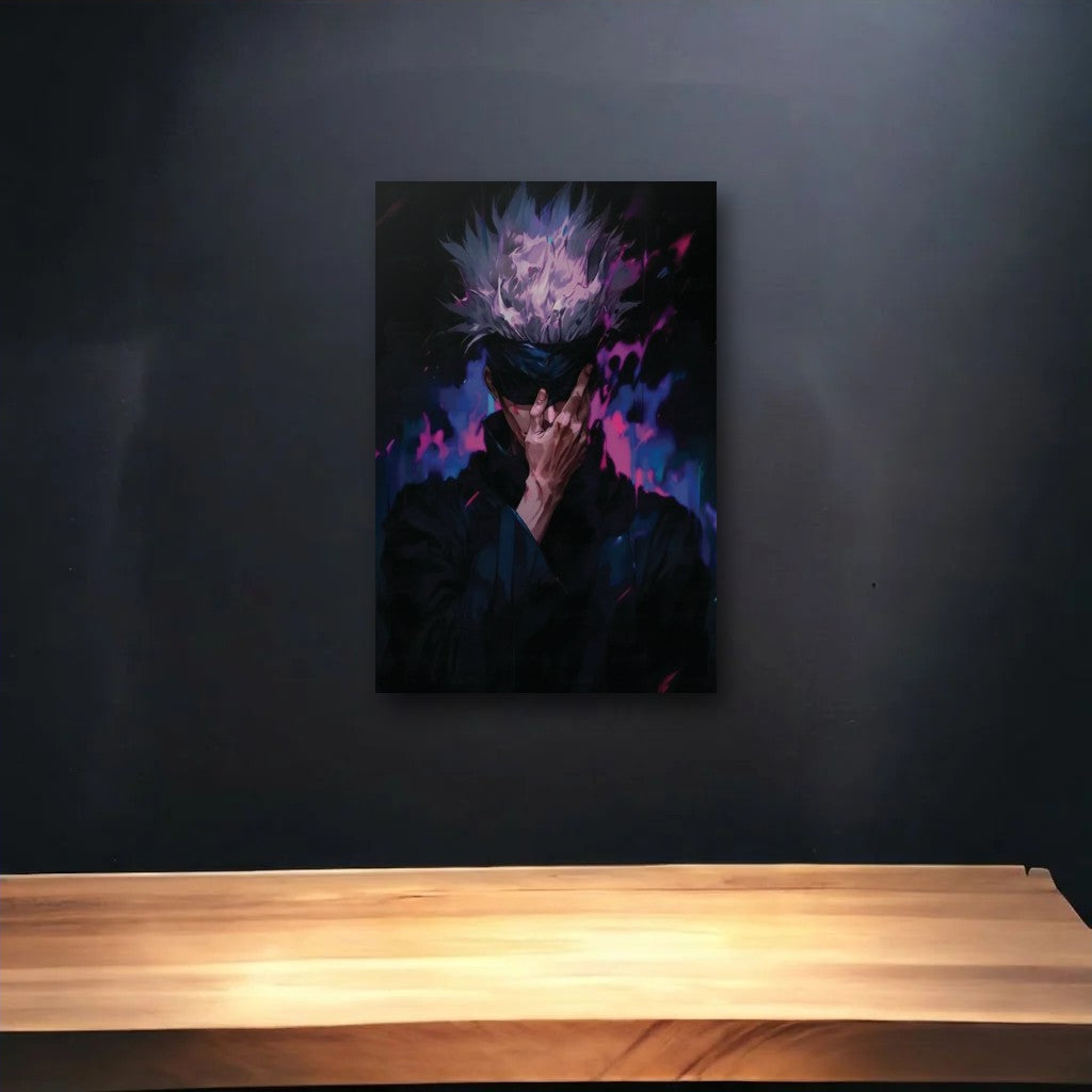 Anime Art glossy acrylic art above a wooden shelf