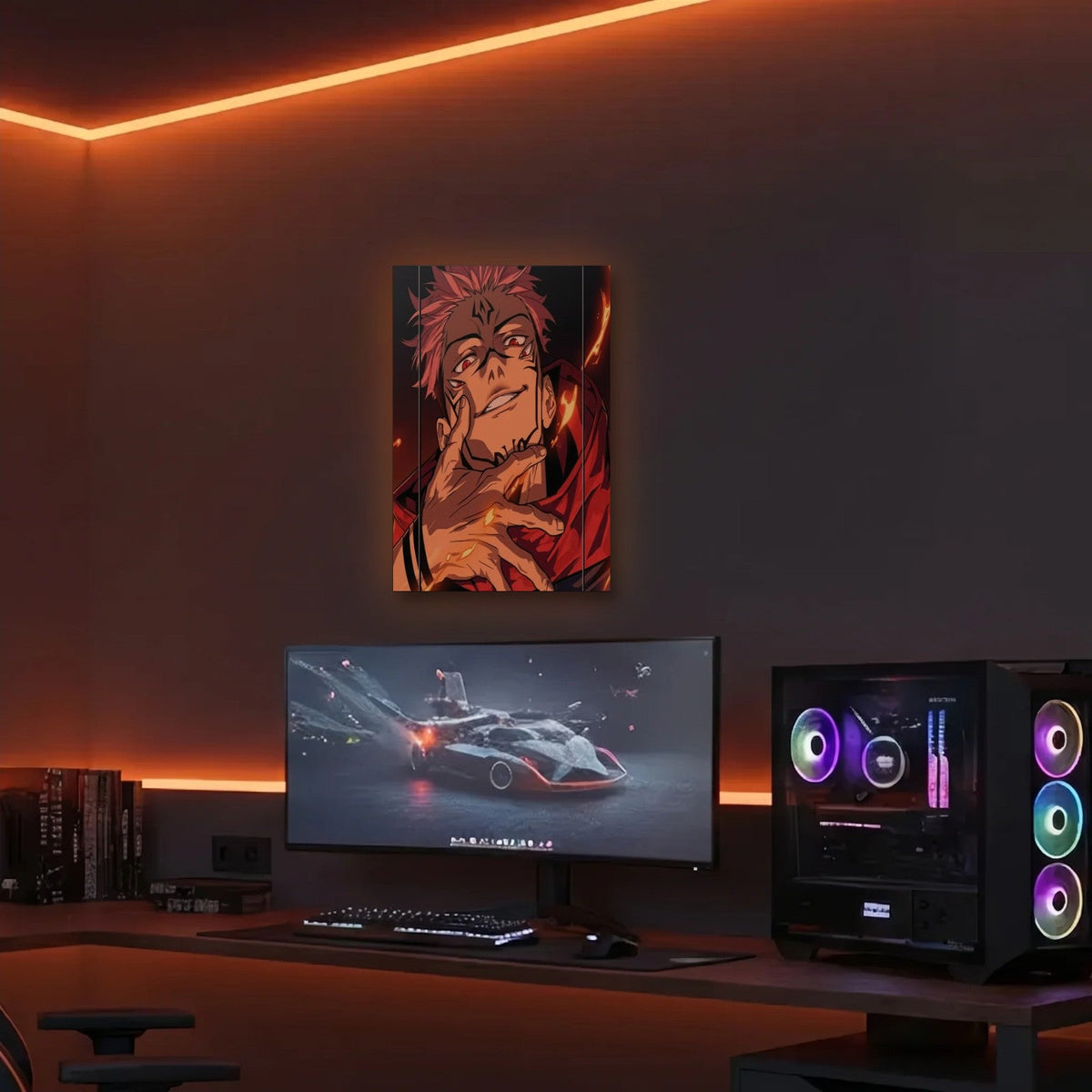Anime Art acrylic wall art in an orange LED gaming room