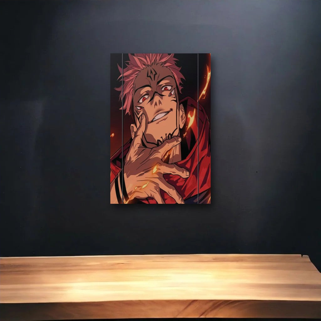 Anime Art glossy acrylic art above a wooden shelf