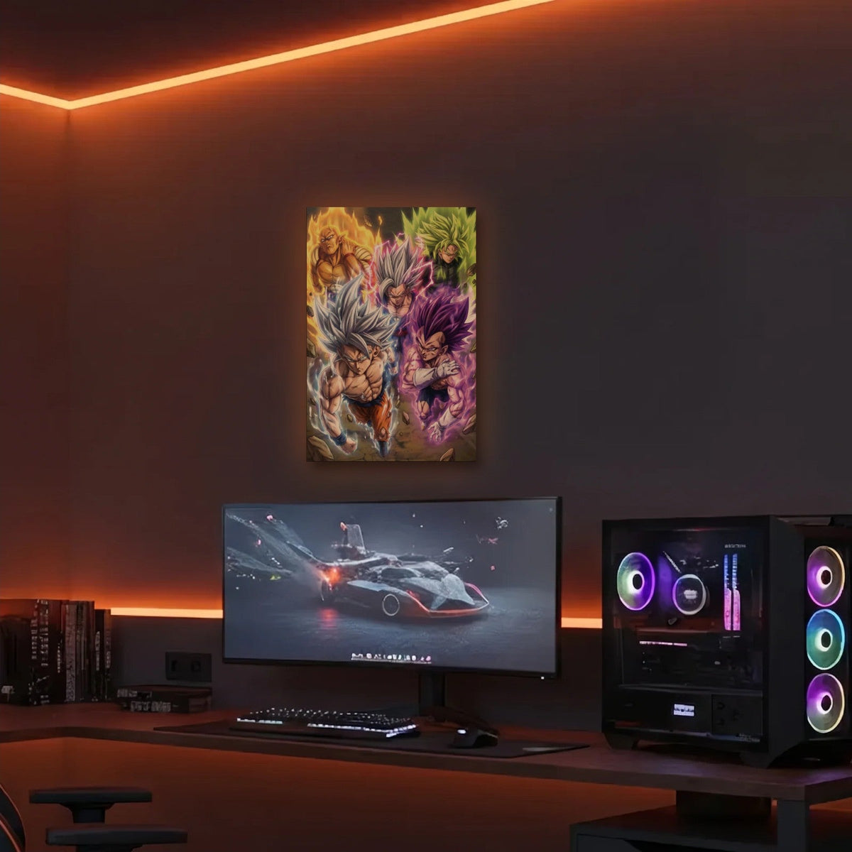 Anime Art acrylic wall art in an orange LED gaming room