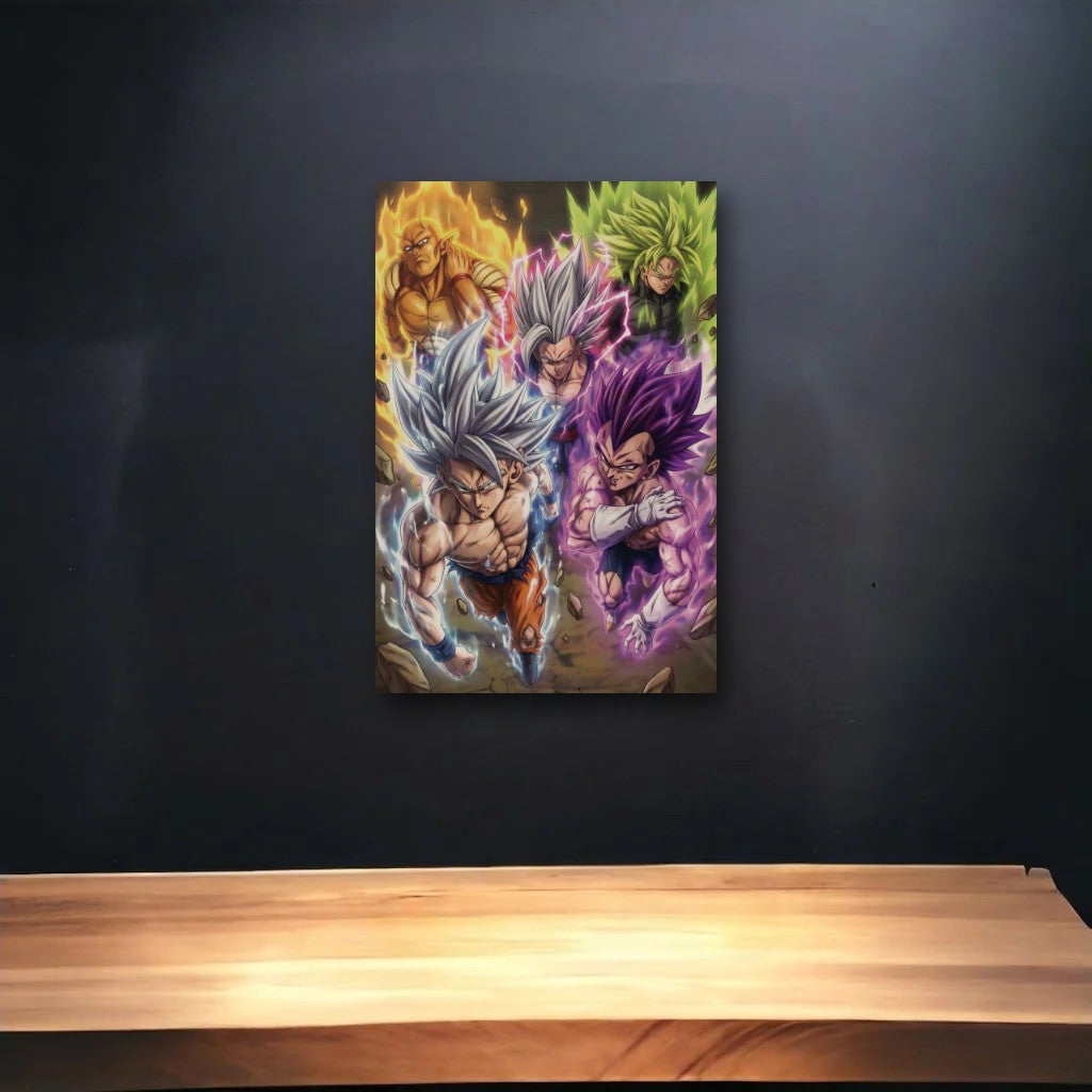 Anime Art glossy acrylic art above a wooden shelf