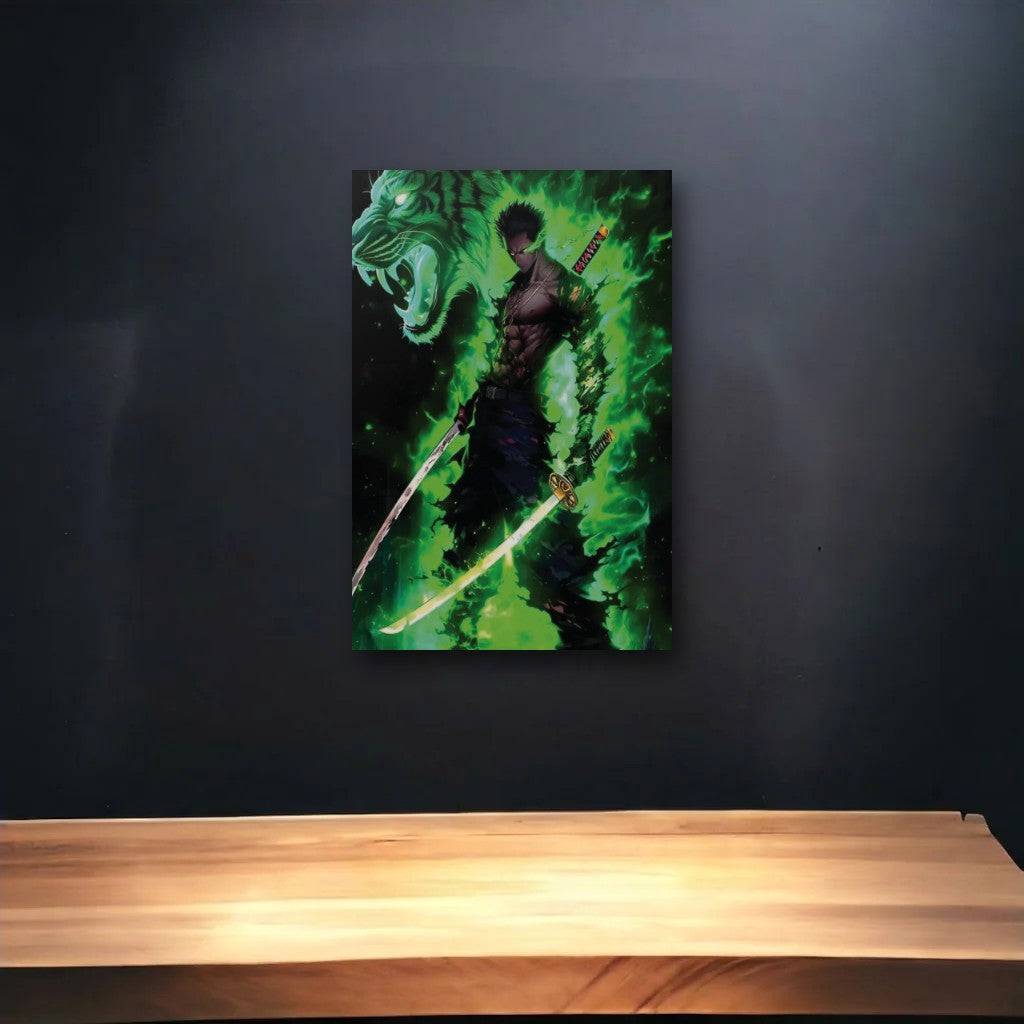 Anime Art glossy acrylic art above a wooden shelf