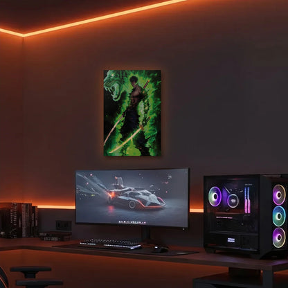 Anime Art acrylic wall art in an orange LED gaming room