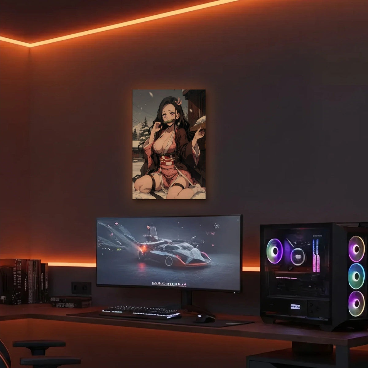 Anime Art acrylic wall art in an orange LED gaming room