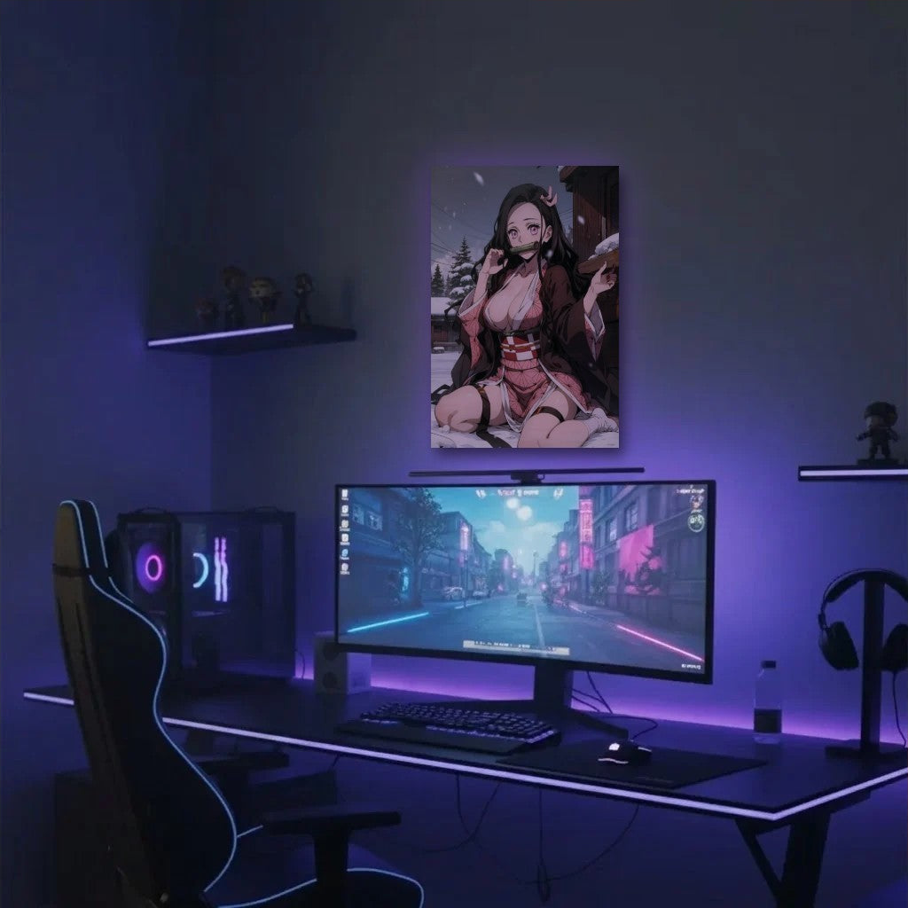 Anime Art acrylic wall art in a purple gaming setup