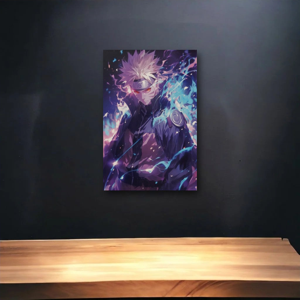 Anime Art glossy acrylic art above a wooden shelf