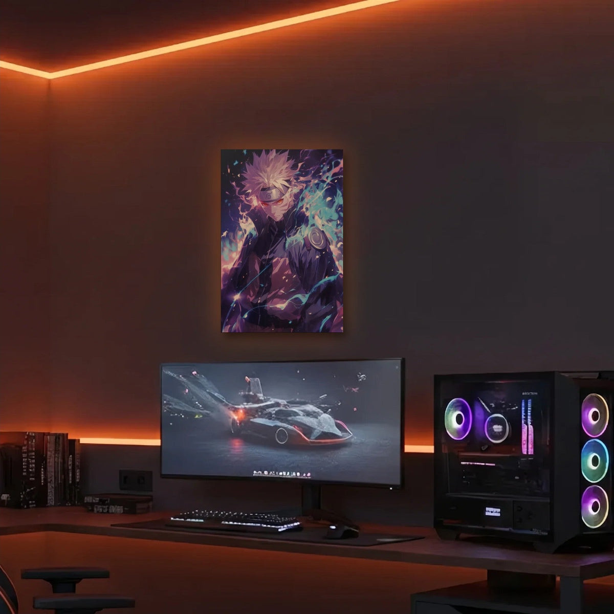 Anime Art acrylic wall art in an orange LED gaming room