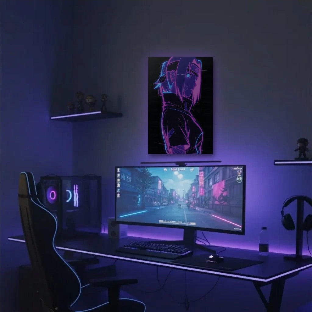 Anime Art acrylic wall art in a purple gaming setup