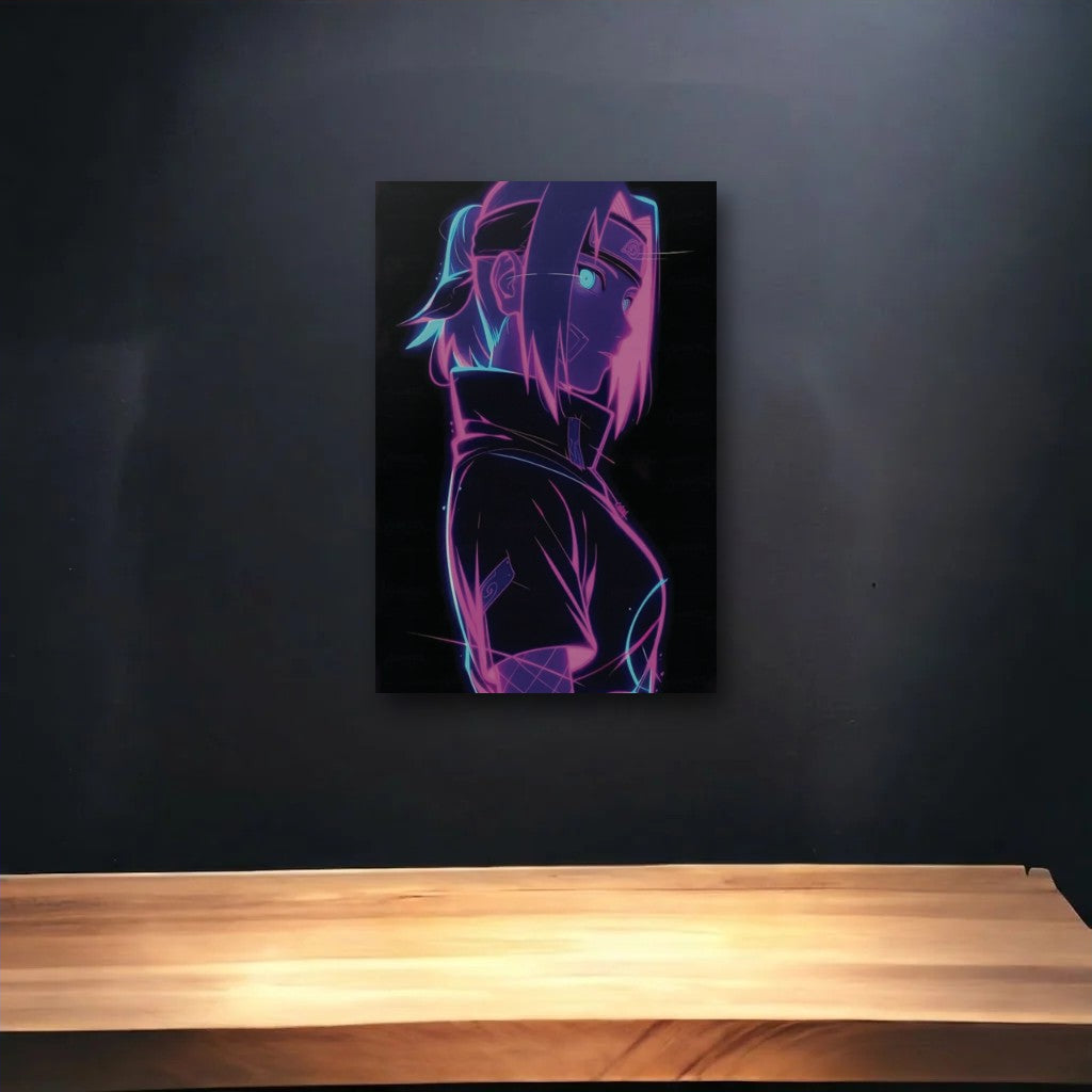 Anime Art glossy acrylic art above a wooden shelf