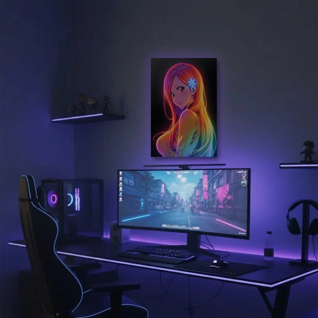 Anime Art acrylic wall art in a purple gaming setup