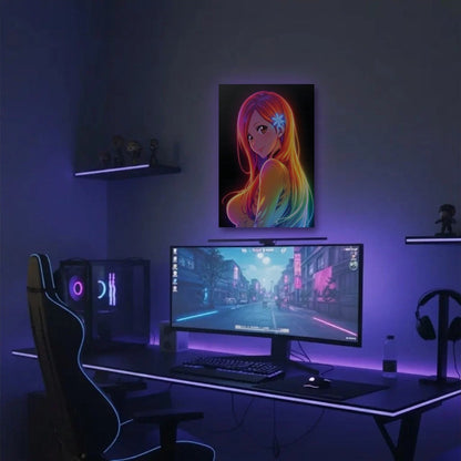 Anime Art acrylic wall art in a purple gaming setup