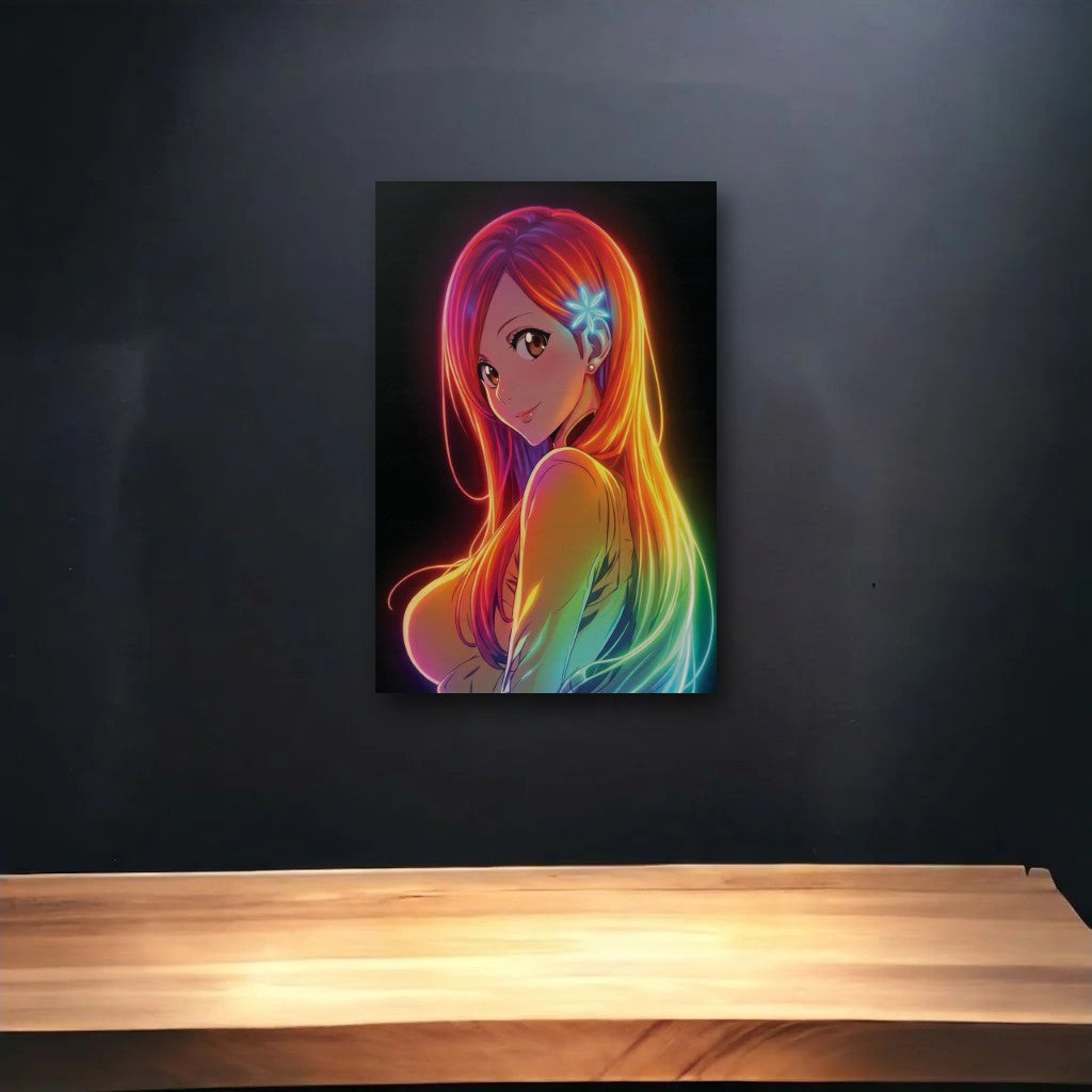 Anime Art glossy acrylic art above a wooden shelf