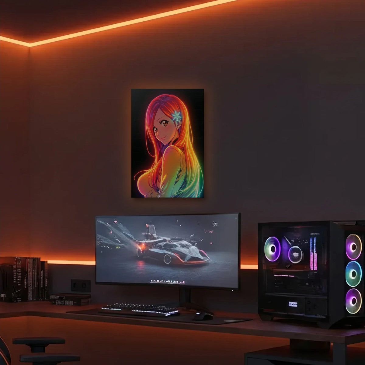 Anime Art acrylic wall art in an orange LED gaming room
