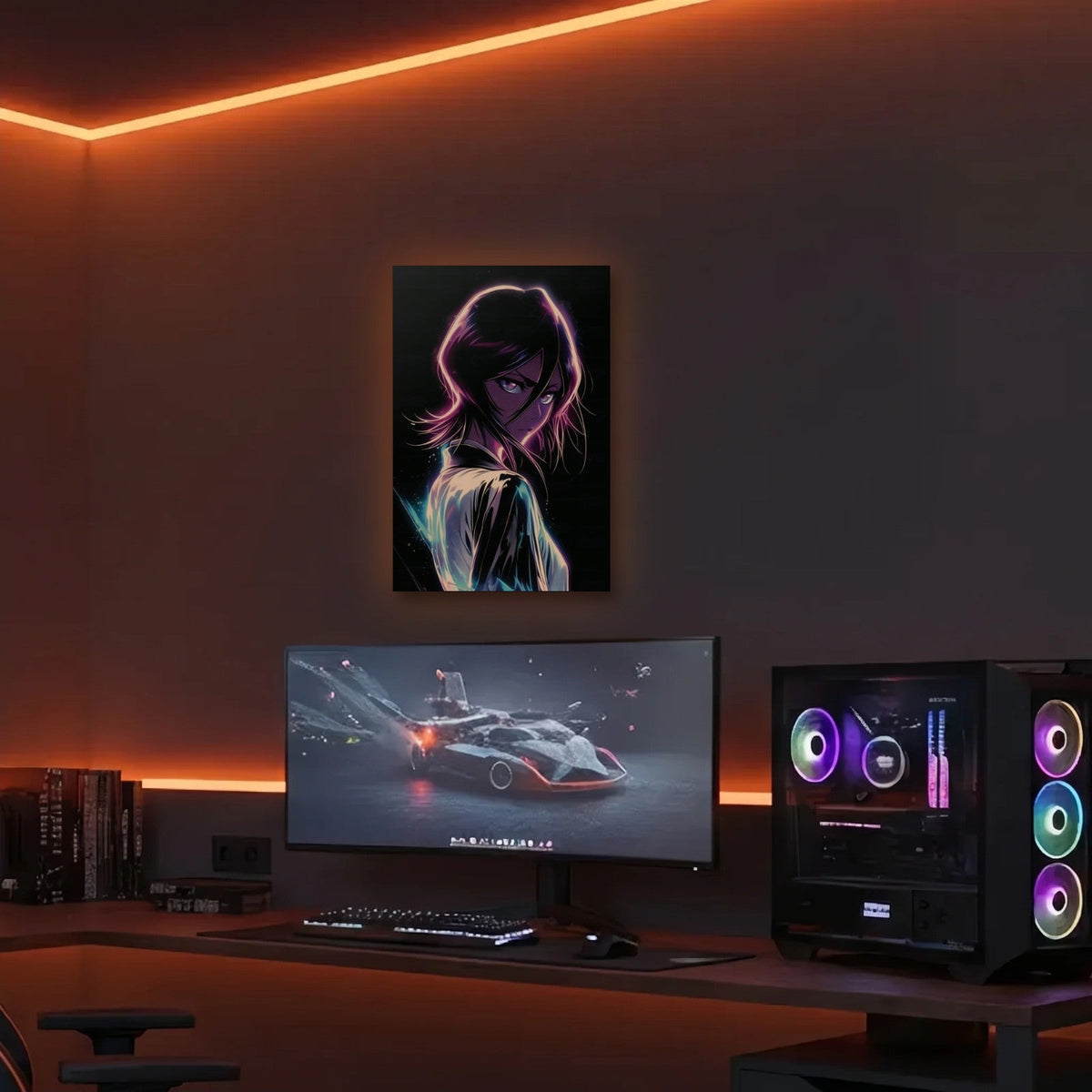 Anime Art acrylic wall art in an orange LED gaming room