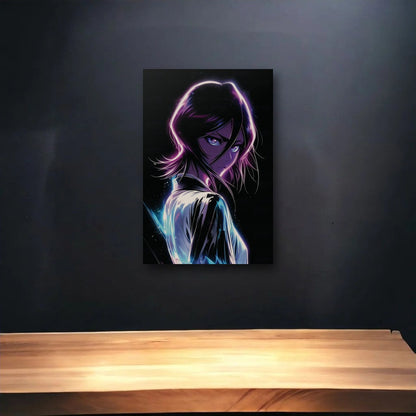 Anime Art glossy acrylic art above a wooden shelf