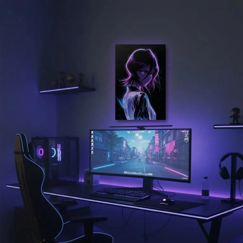 Anime Art acrylic wall art in a purple gaming setup