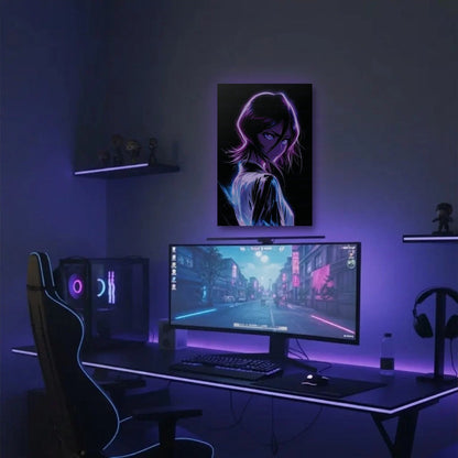 Anime Art acrylic wall art in a purple gaming setup