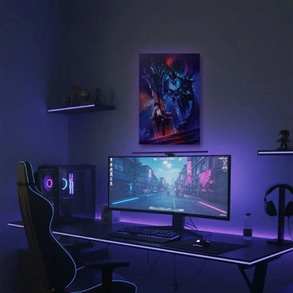 Anime Art acrylic wall art in a purple gaming setup