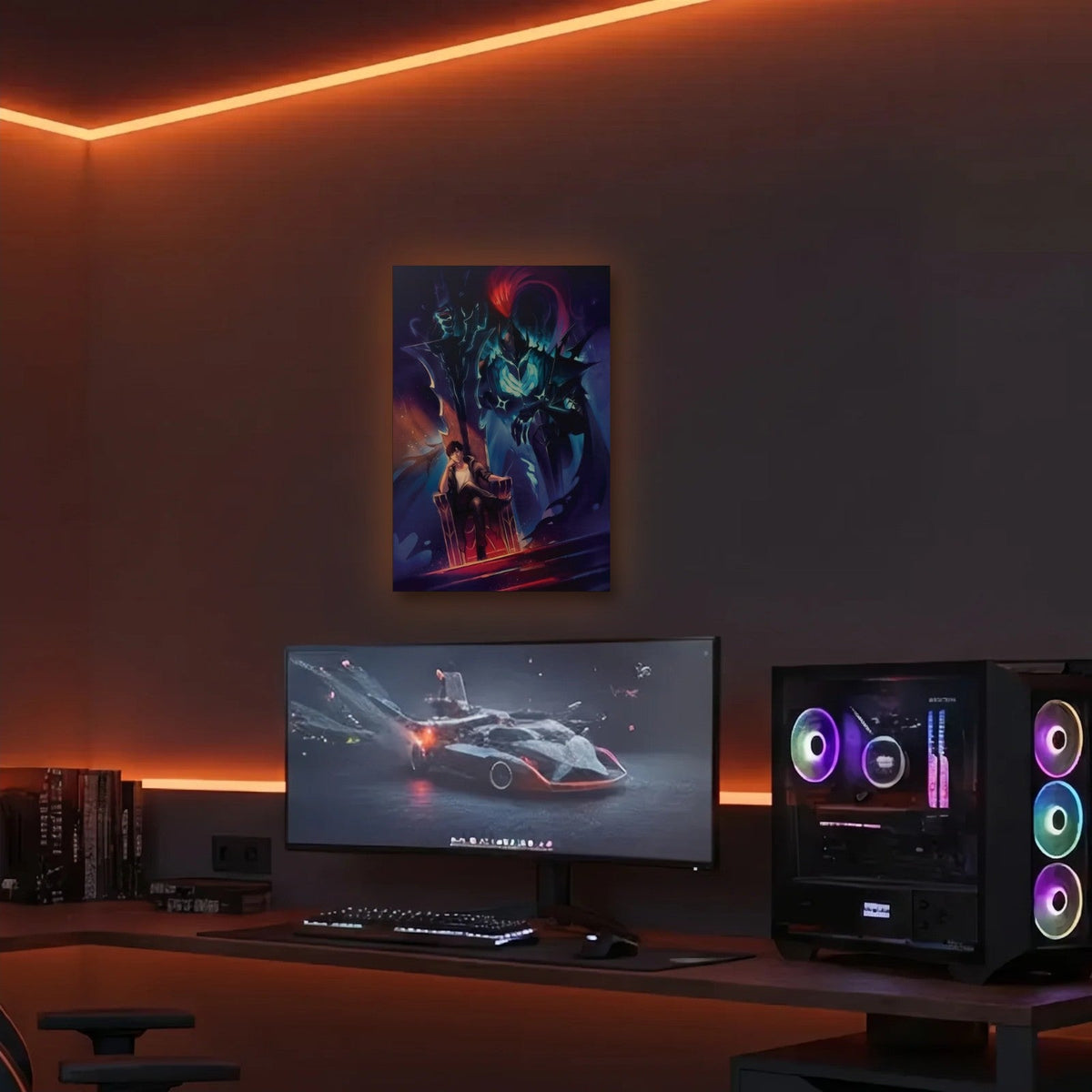 Anime Art acrylic wall art in an orange LED gaming room