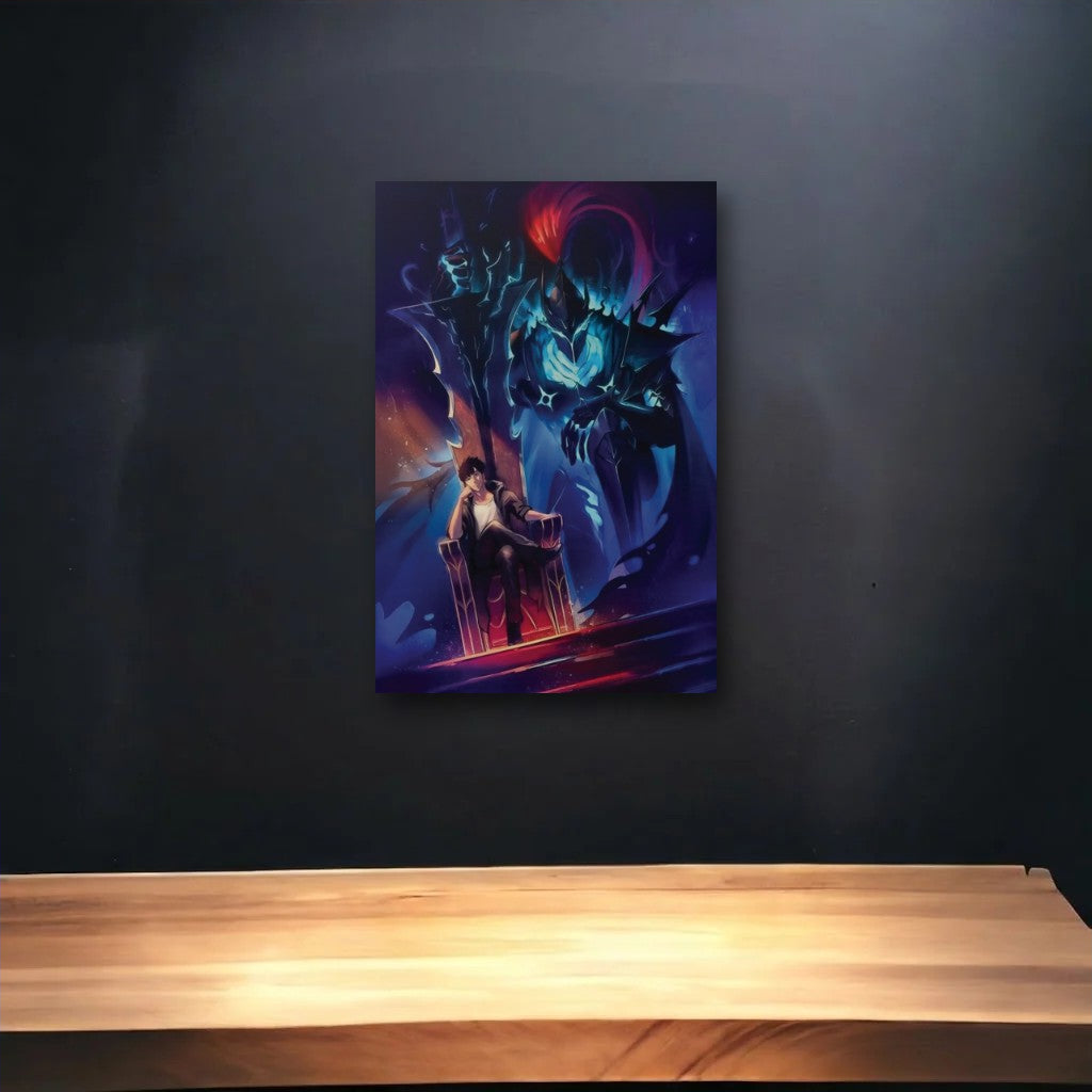 Anime Art glossy acrylic art above a wooden shelf