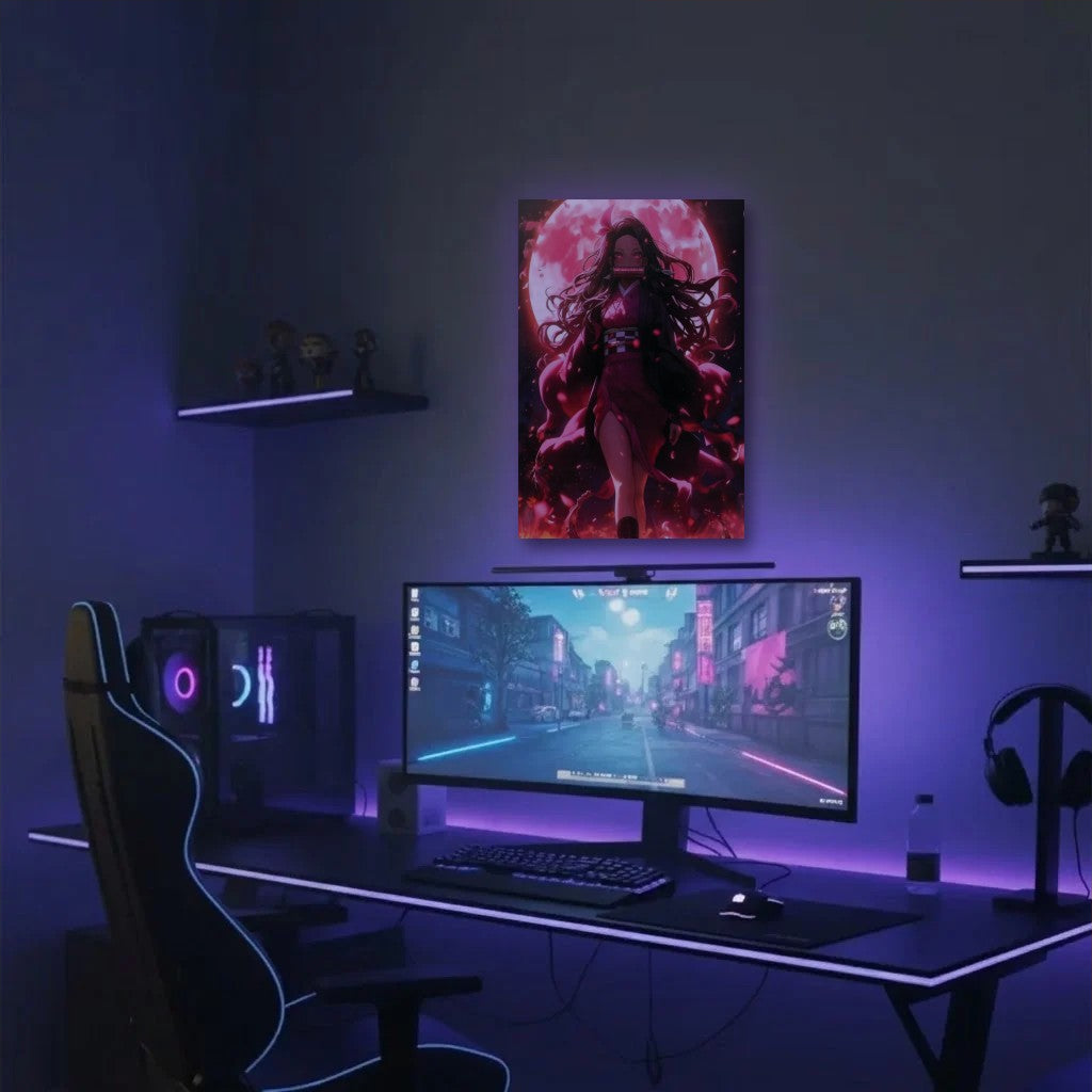 Anime Art acrylic wall art in a purple gaming setup