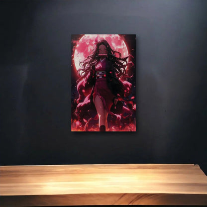 Anime Art glossy acrylic art above a wooden shelf