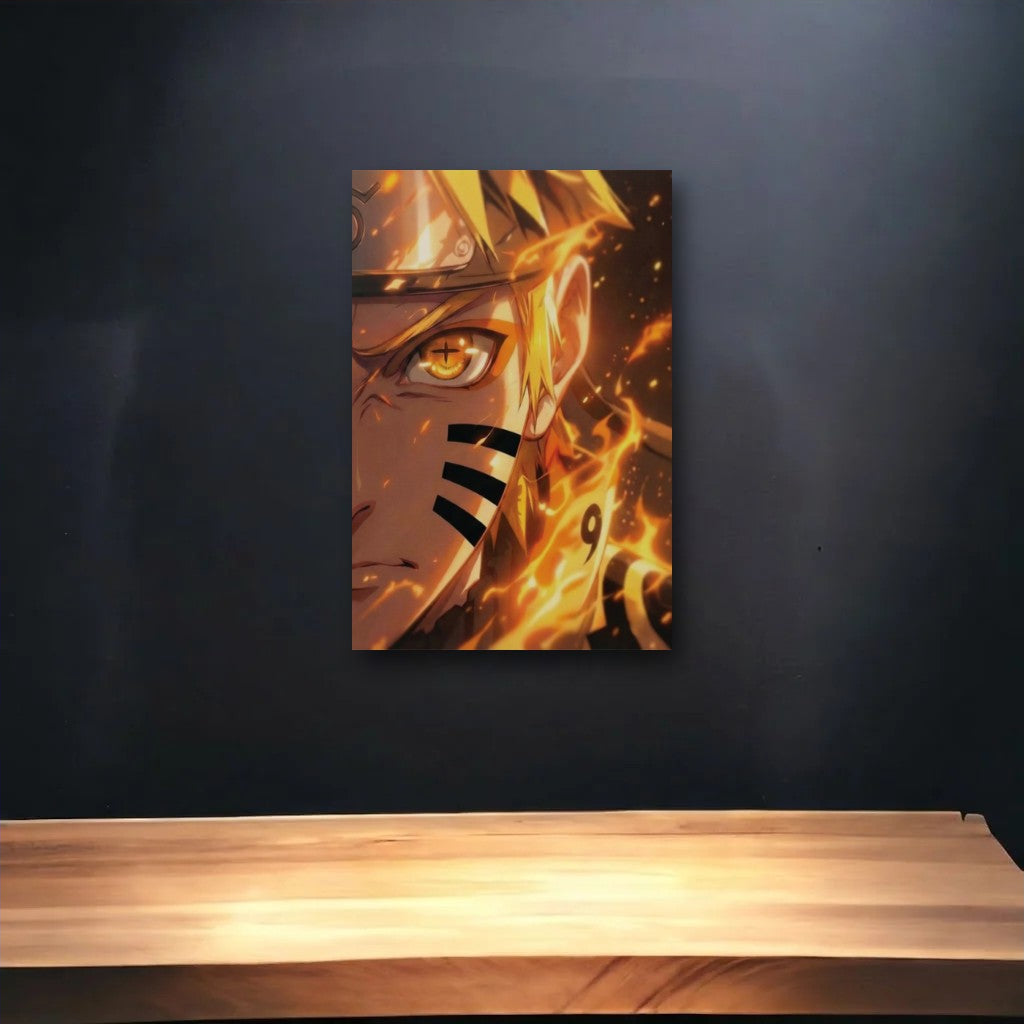 Anime Art glossy acrylic art above a wooden shelf