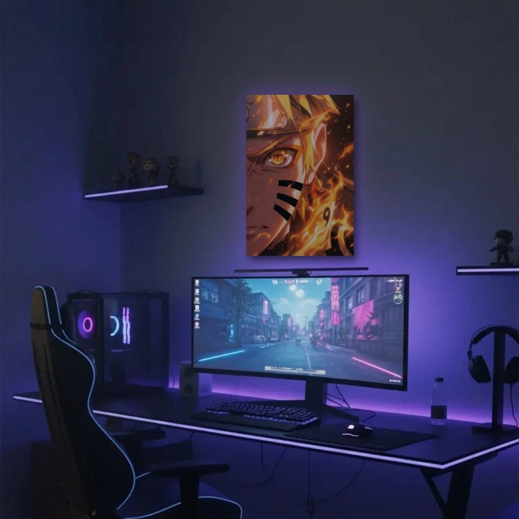 Anime Art acrylic wall art in a purple gaming setup