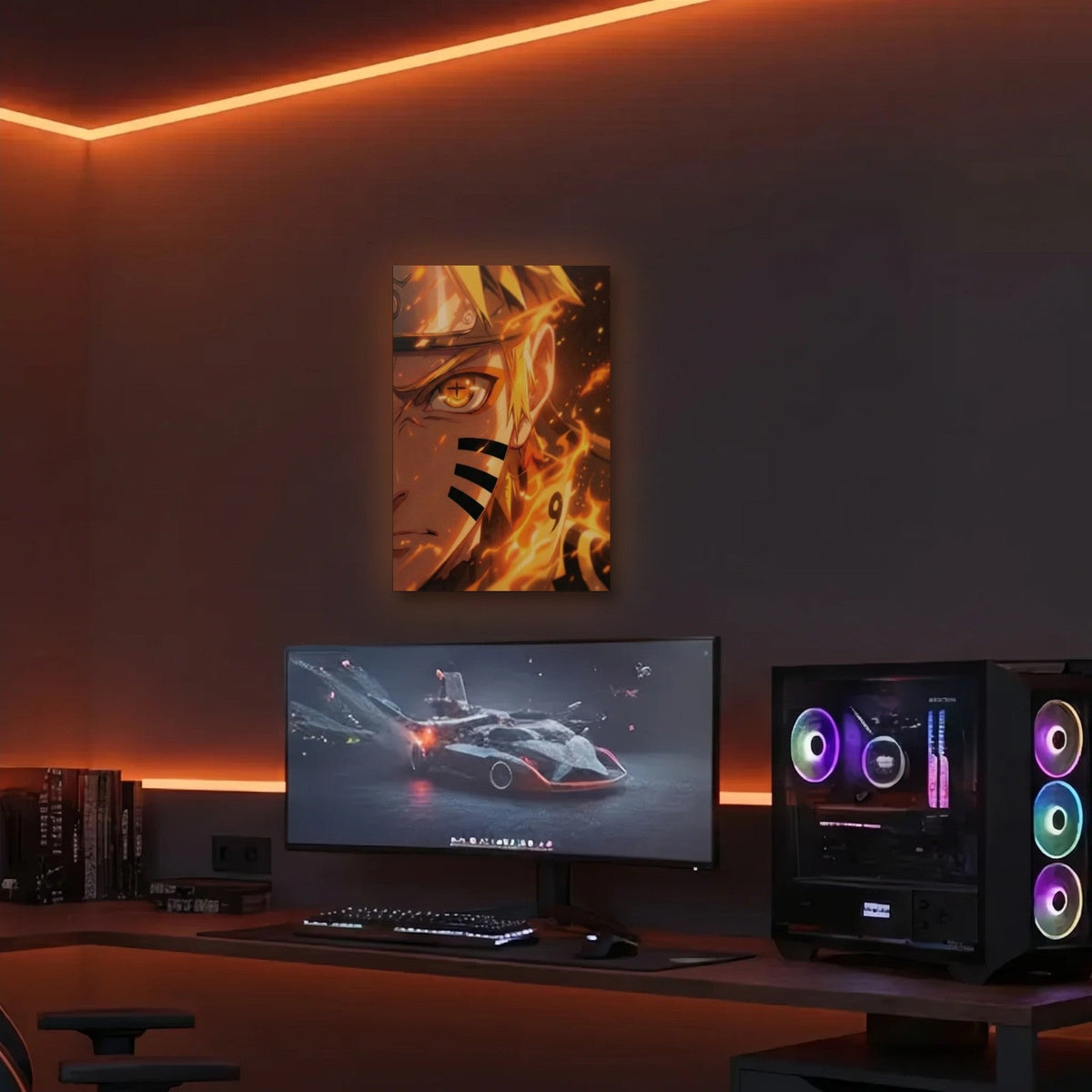 Anime Art acrylic wall art in an orange LED gaming room