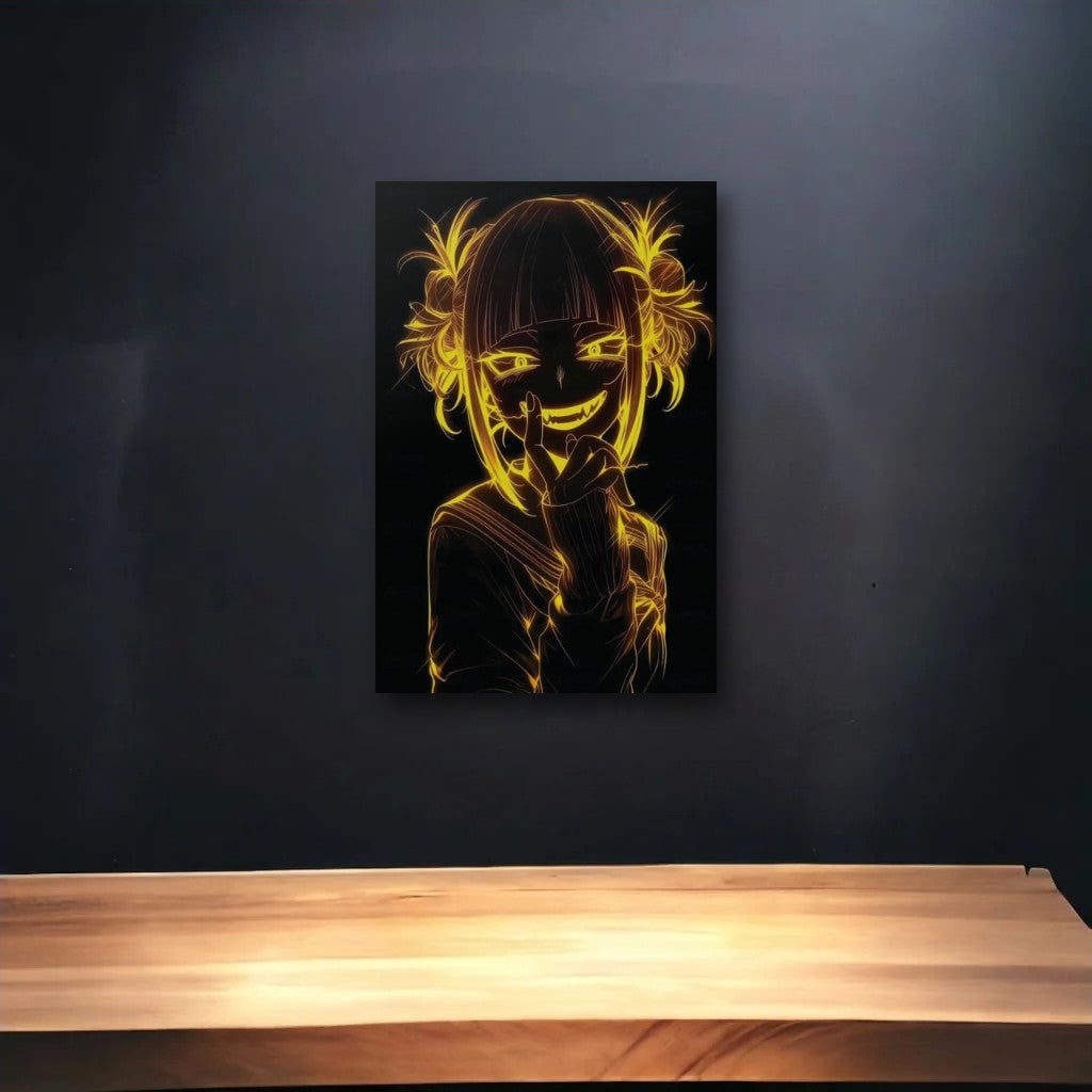 Anime Art glossy acrylic art above a wooden shelf