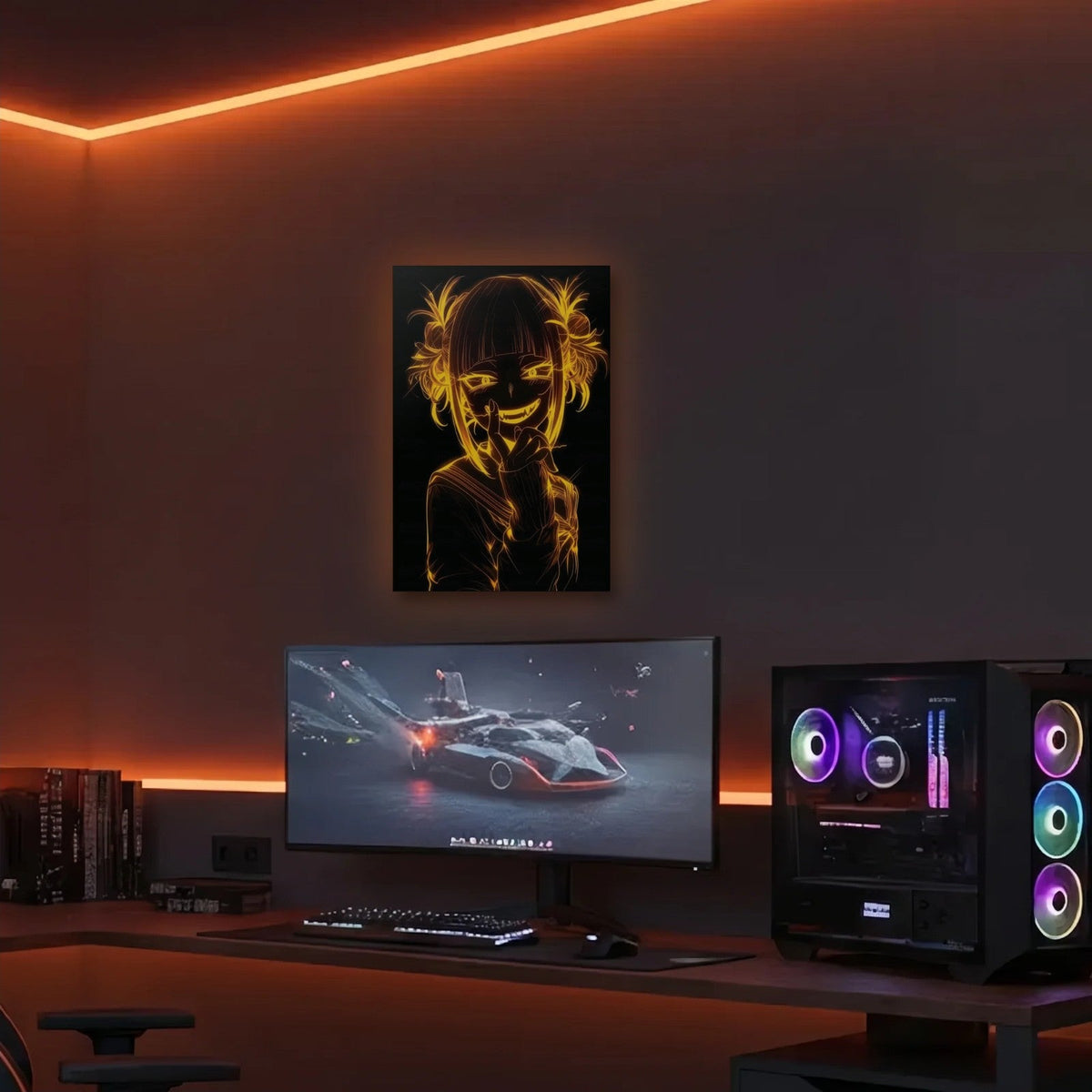 Anime Art acrylic wall art in an orange LED gaming room