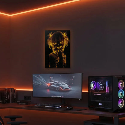 Anime Art acrylic wall art in an orange LED gaming room