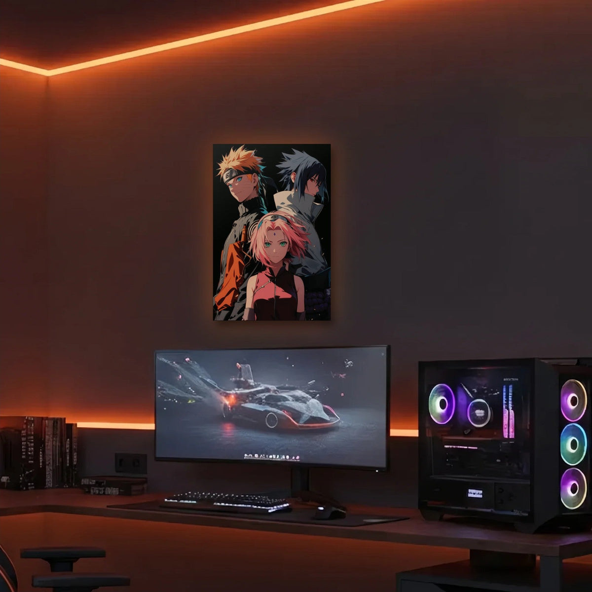 Anime Art acrylic wall art in an orange LED gaming room