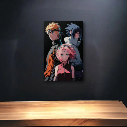 Anime Art glossy acrylic art above a wooden shelf